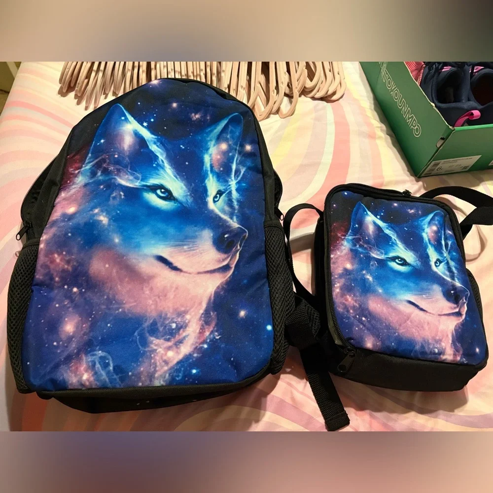 Blue Galaxy Wolf Print Backpack unisex